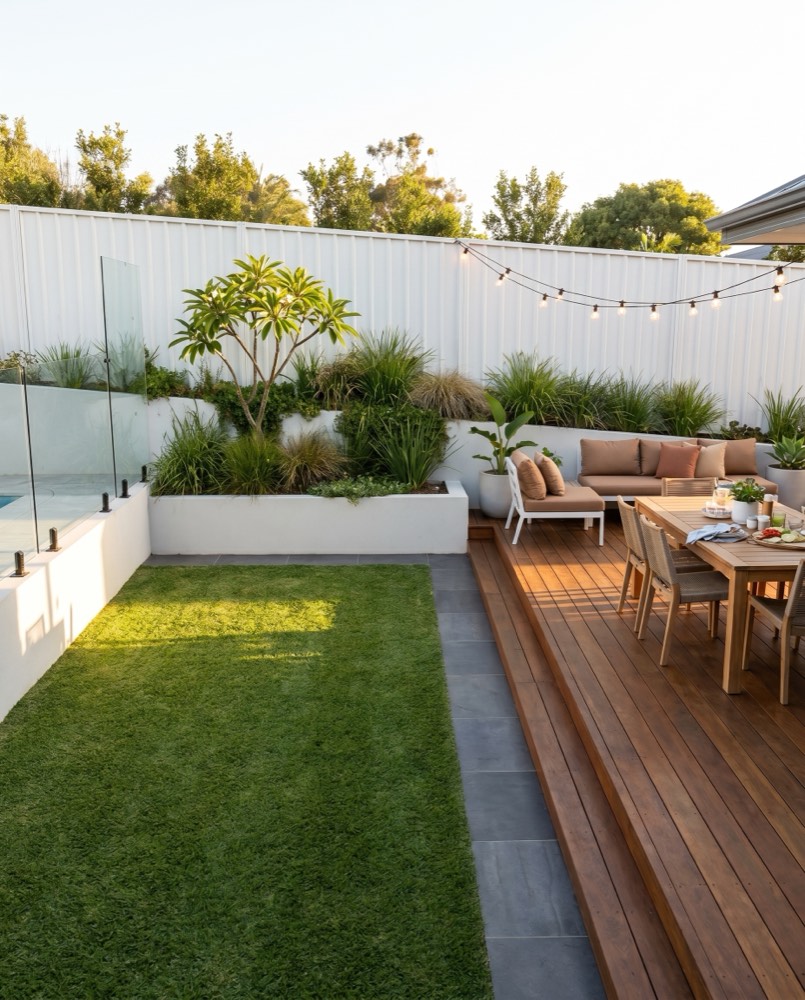 Finished backyard landscaping with lawn, garden beds and paving