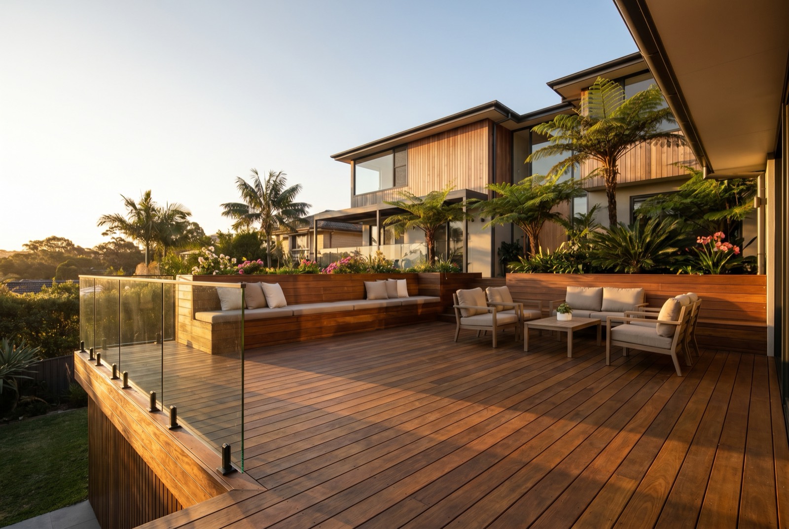 Timber deck alongside a pool with glass balustrade
