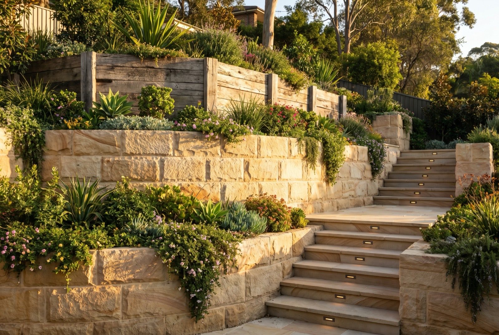 Engineered sandstone retaining wall with steps