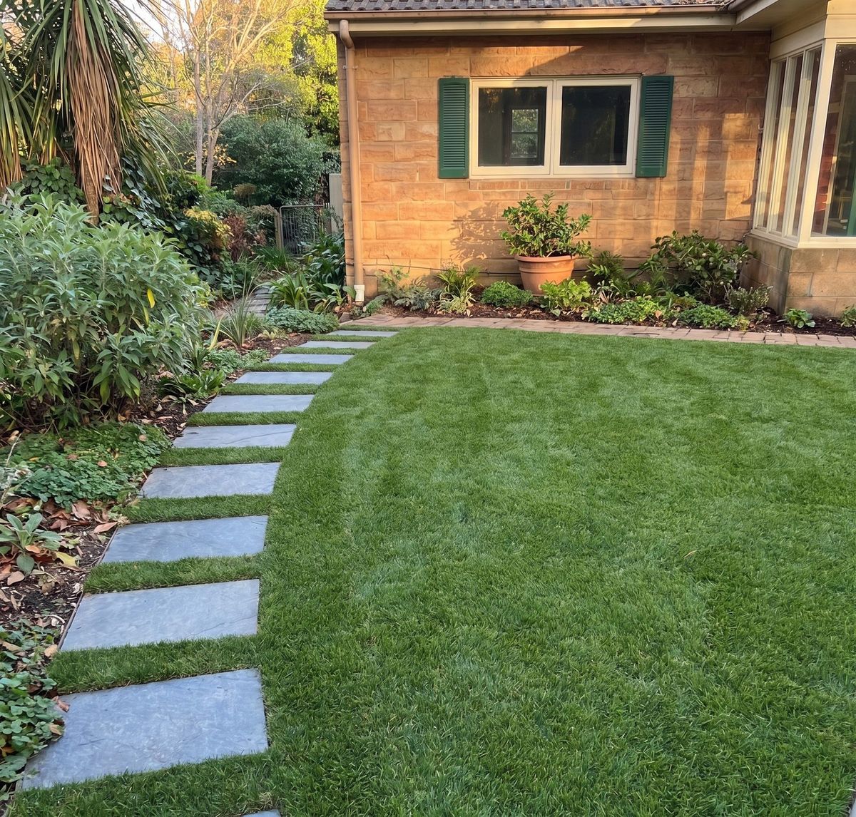 Established lawn with a curved bluestone stepping-stone path in front of a sandstone cottage